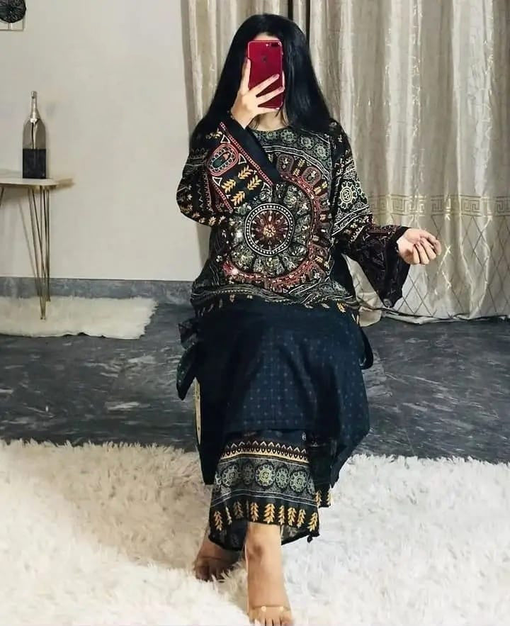 FRONT & BACK Digital Printed Bell Sleeves, Stitched Mirror Embroidery Shirt With Printed Trouser 2Piece