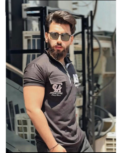 Pocket Printed Zipper Polo t shirt