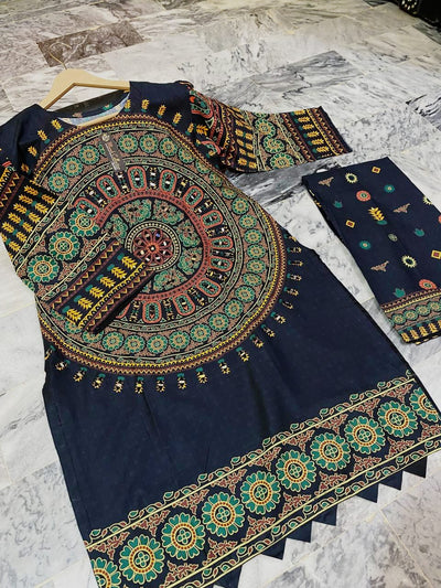 FRONT & BACK Digital Printed Bell Sleeves, Stitched Mirror Embroidery Shirt With Printed Trouser 2Piece